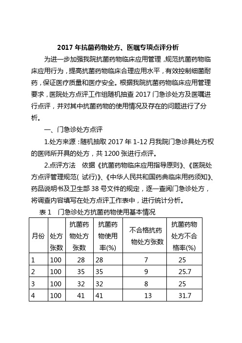 2017年抗菌药物处方、医嘱专项点评分析