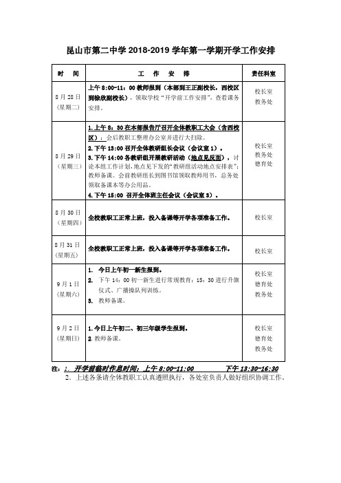 昆山市第二中学2018-2019学年第一学期开学工作安排