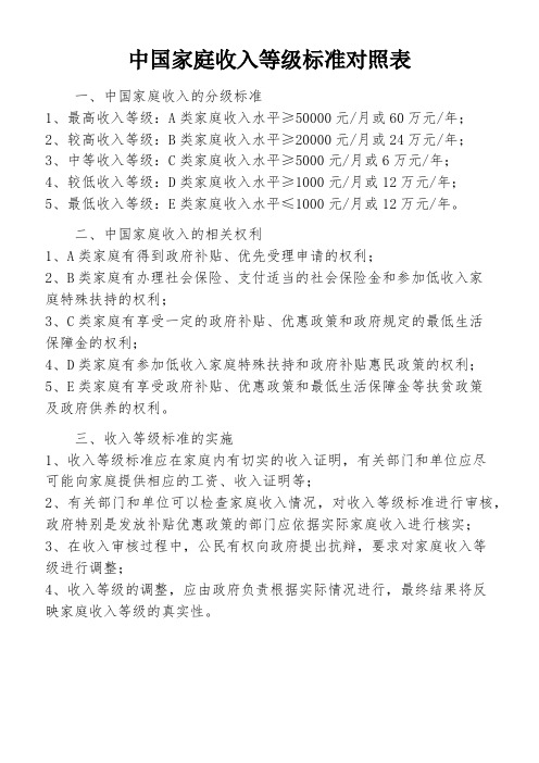 中国家庭收入等级标准对照表