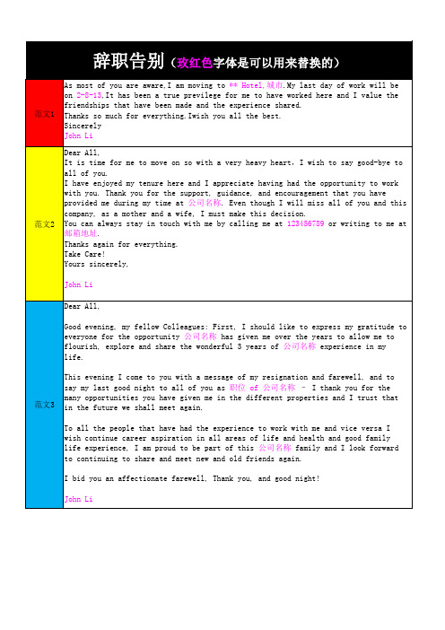 辞职告别邮件多种范文(英文版)