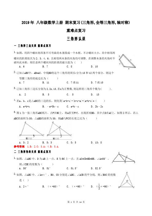 2019年 八年级数学上册 期末复习(三角形,全等三角形,轴对称)重难点复习+期末模拟试卷(含答案)