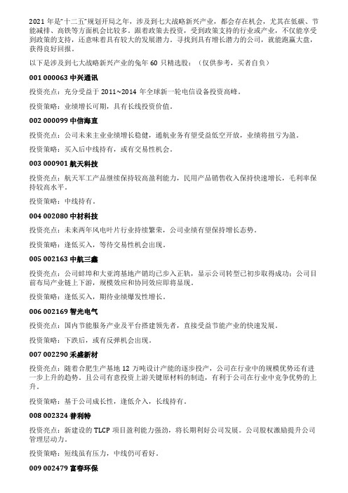 《涉及七大战略新兴产业的兔年60只精选股》