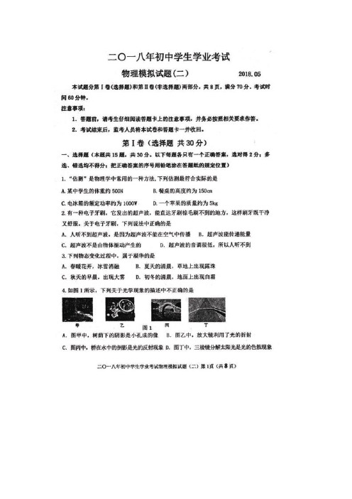 山东省泰安市东平县2018届九年级第二次模拟考试物理试题图片