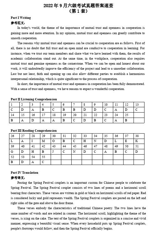 2022年9月大学英语六级(CET-6)真题答案(全3套)