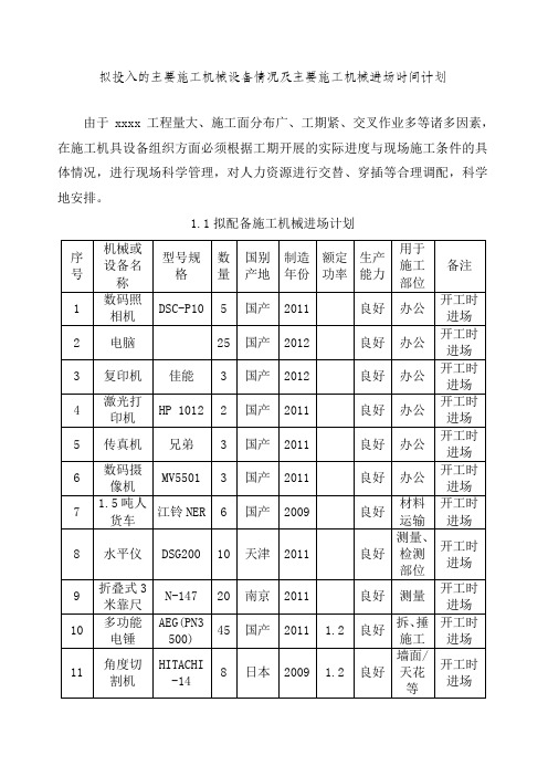 拟投入的主要施工机械设备情况及主要施工机械进场时间计划