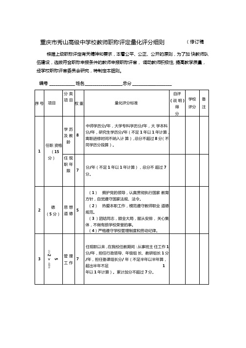 教师职称评定量化评分细则