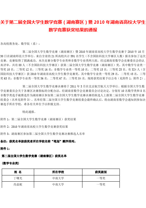 第二届全国大学生数学竞赛(湖南赛区)暨2010年湖南省高校大学生数学竞赛获奖结果