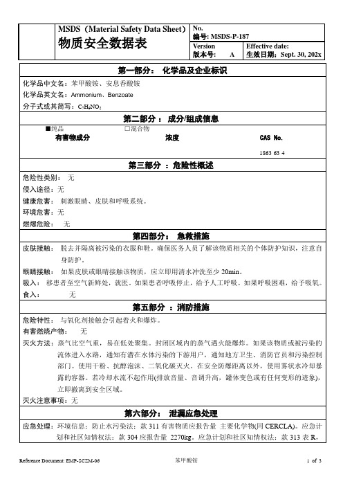 物质安全数据表(MSDS)- 苯甲酸铵