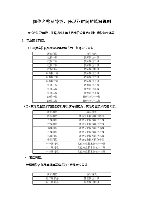 岗位名称及等级任现职时间的填写说明