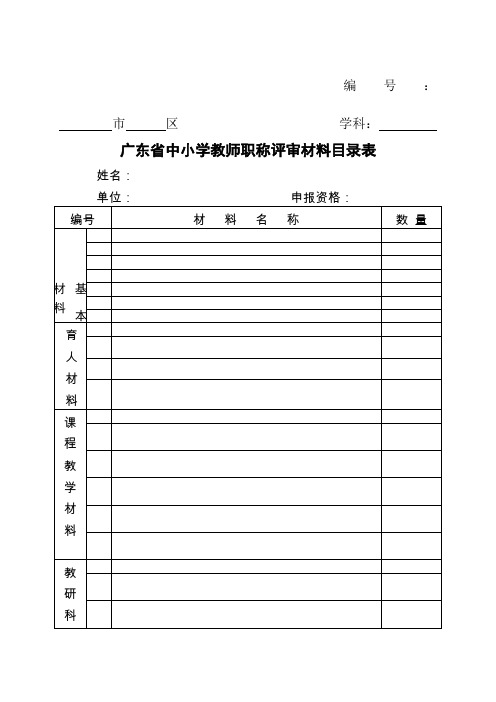 表1：广东省中小学教师职称评审材料目录表