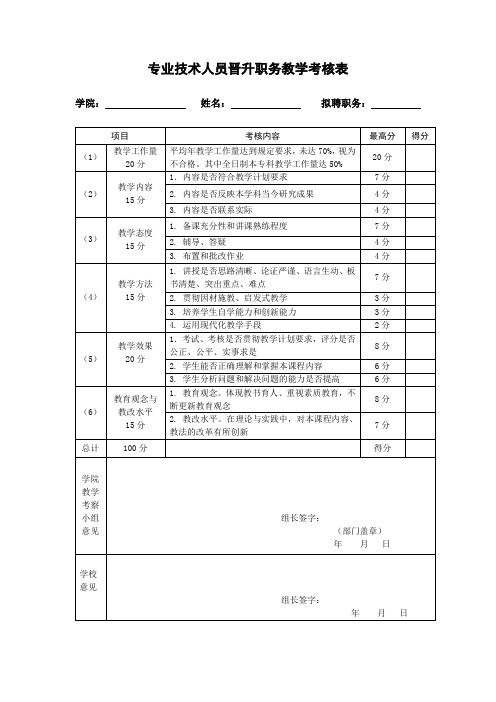 专业技术人员晋升职务教学考核表