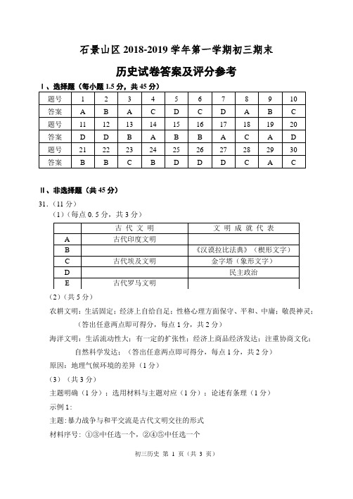 2018-2019学年第一学期期末初三历史参考答案和评分标准