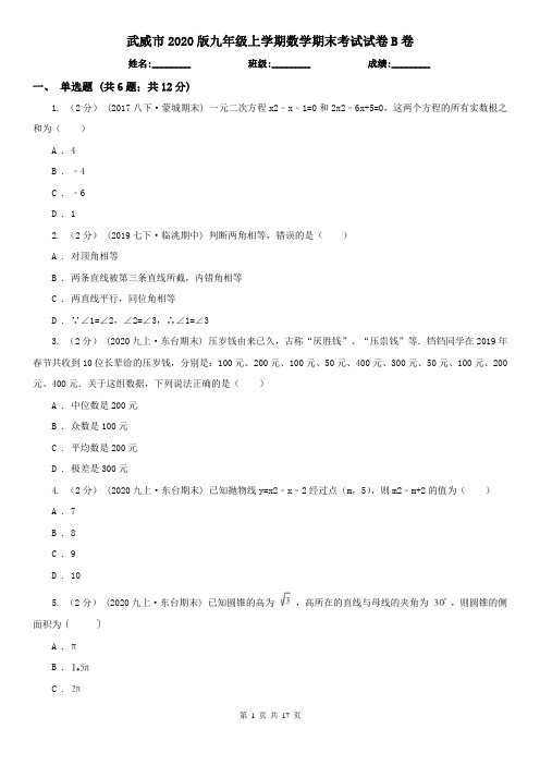 武威市2020版九年级上学期数学期末考试试卷B卷