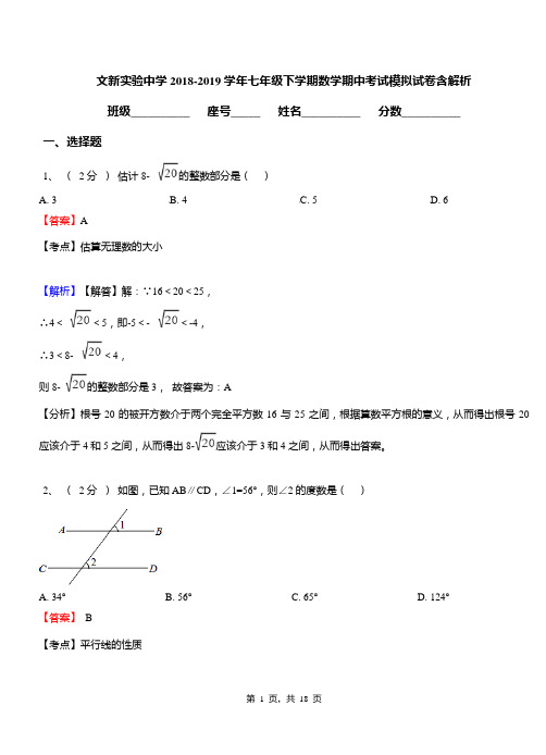 文新实验中学2018-2019学年七年级下学期数学期中考试模拟试卷含解析