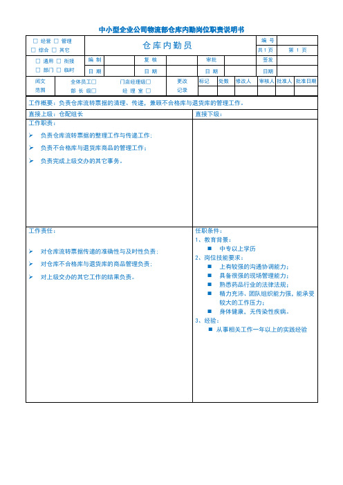 中小型企业公司物流部仓库内勤岗位职责说明书