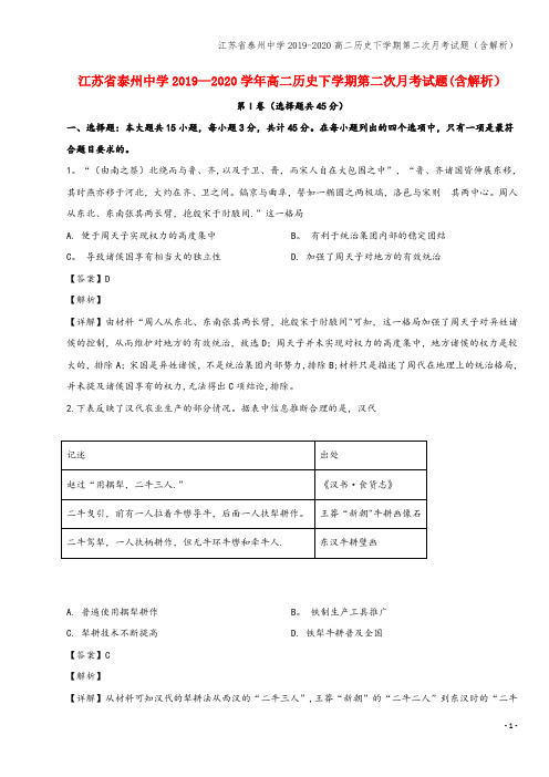 江苏省泰州中学2019-2020高二下学期第二次月考试题(含解析)