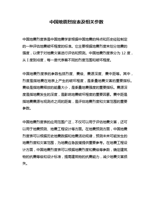 中国地震烈度表及相关参数