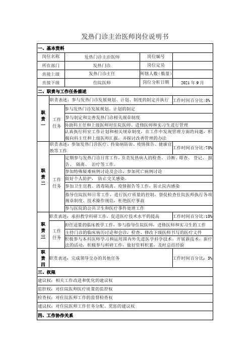 发热门诊主治医师岗位说明书