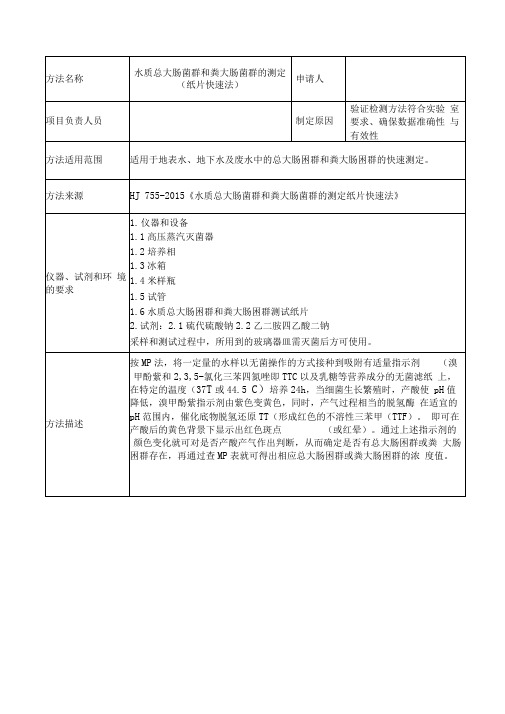 水质总大肠菌群和粪大肠菌群(纸片快速法)检测方法确认表