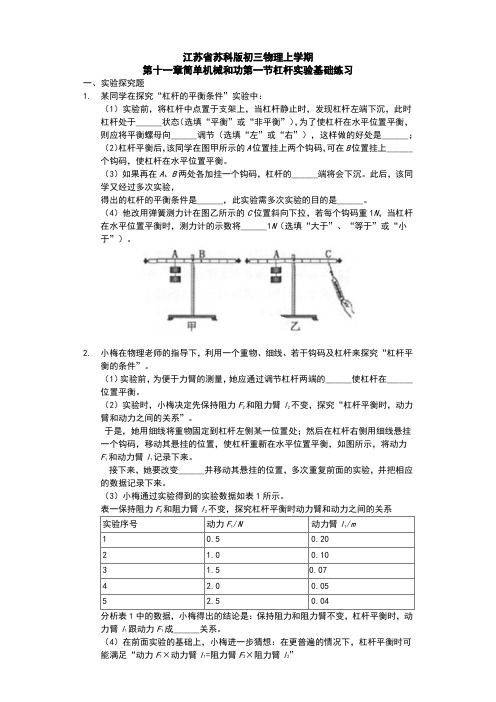 江苏省 苏科版 初三物理 上学期 第十一章 简单机械和功 第一节 杠杆 实验基础练习题