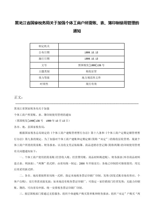 黑龙江省国家税务局关于加强个体工商户所需账、表、簿印制使用管理的通知-黑国税发[1999]156号