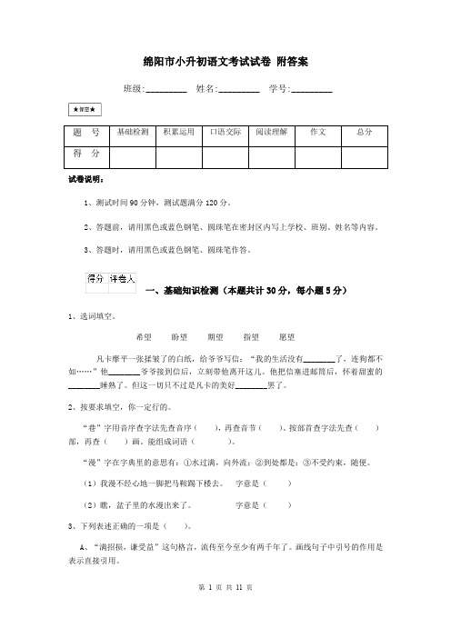 绵阳市小升初语文考试试卷 附答案