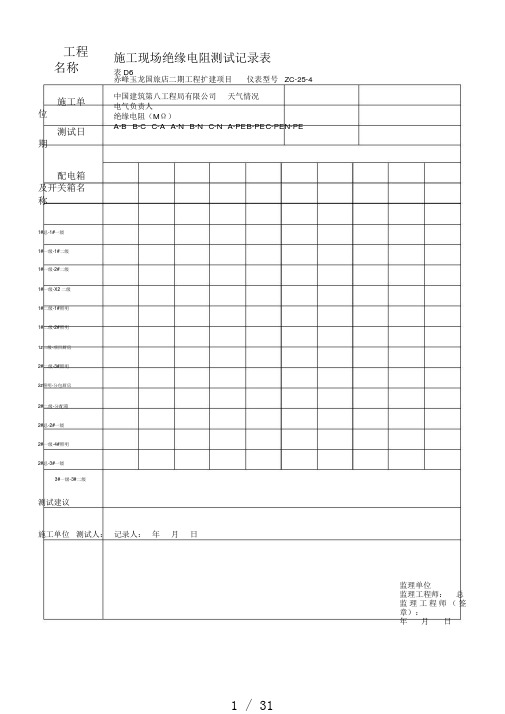 施工现场绝缘电阻测试记录表格