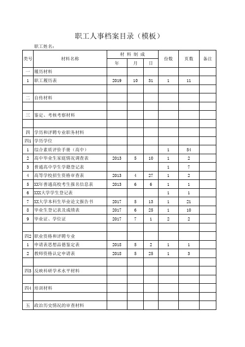 职工人事档案目录(模板)