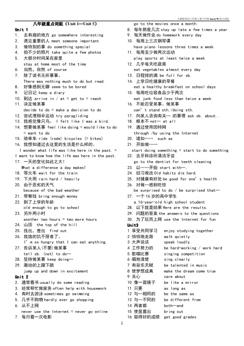 人教版英语八年级上册八年级Unit1-5重点词组