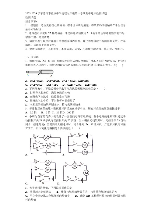 2023-2024学年苏州市重点中学物理九年级第一学期期中达标检测试题含解析