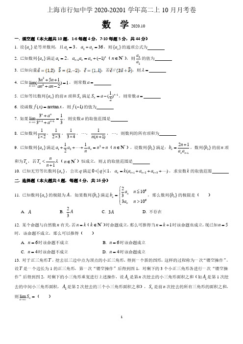 上海市行知中学2020-2021学年高二上学期10月月考数学试卷 含答案