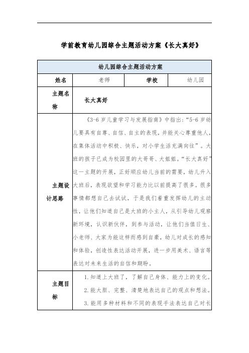 学前教育幼儿园综合主题活动方案《长大真好》