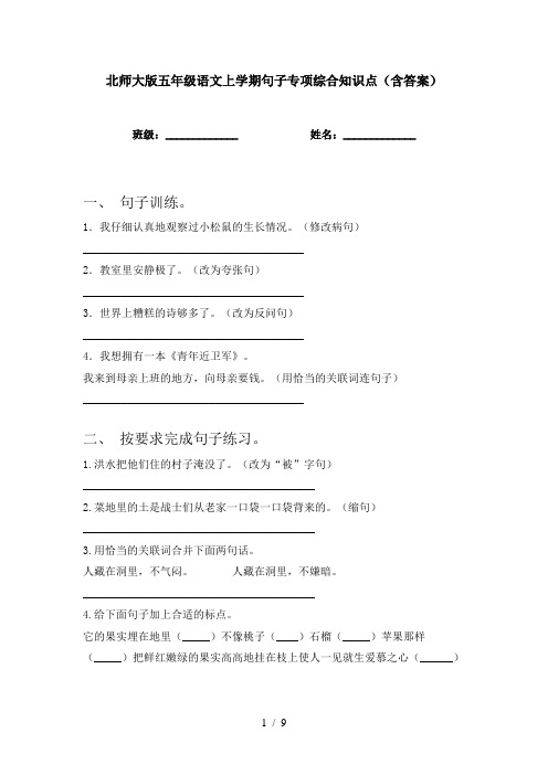 北师大版五年级语文上学期句子专项综合知识点(含答案)