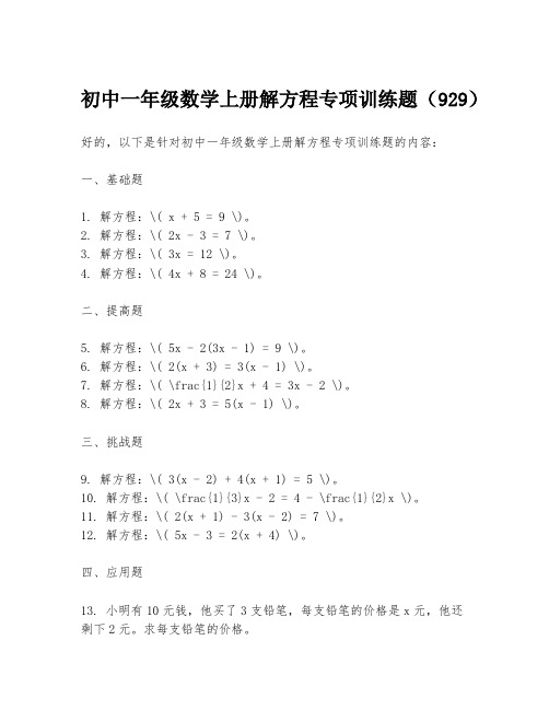 初中一年级数学上册解方程专项训练题(929)