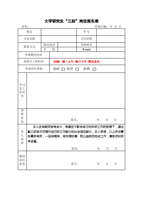 大学研究生“三助”岗位报名表