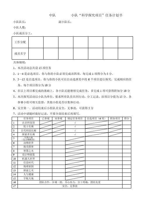 科技馆参观学生探究活动任务书