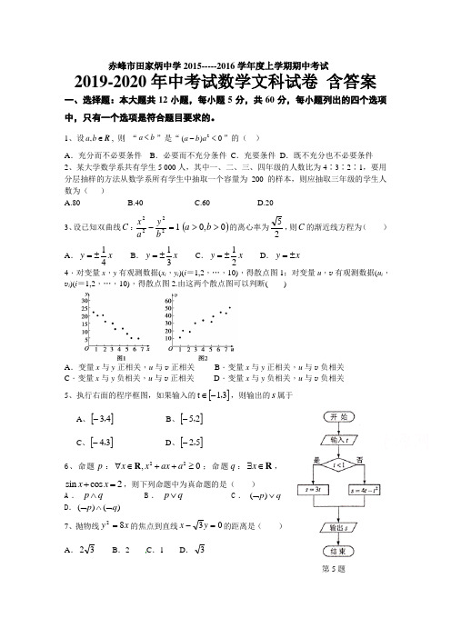 2019-2020年中考试数学文科试卷 含答案
