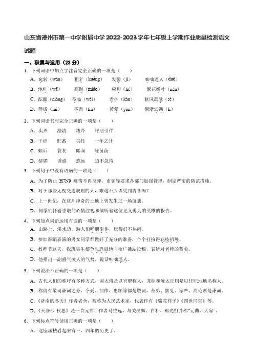 山东省德州市第一中学附属中学2022-2023学年七年级上学期作业质量检测语文试题