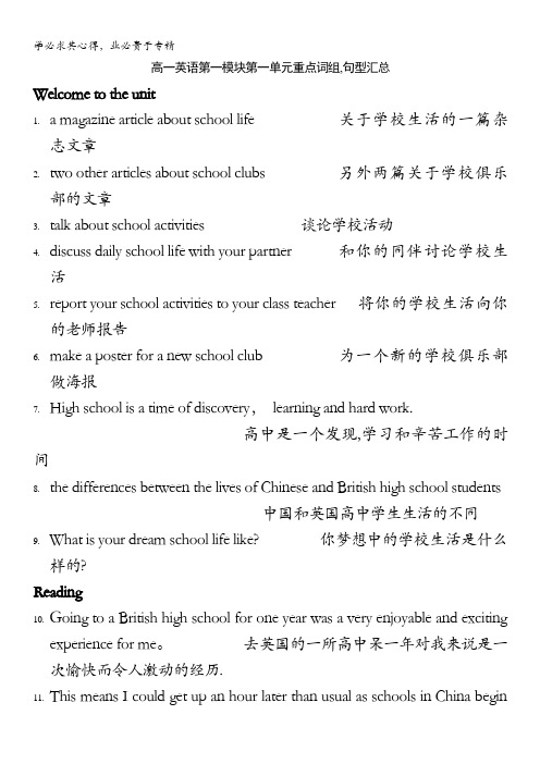 江苏省姜堰市张甸中学高三英语一轮复习：Module1 Unit1重点词组、句型汇总