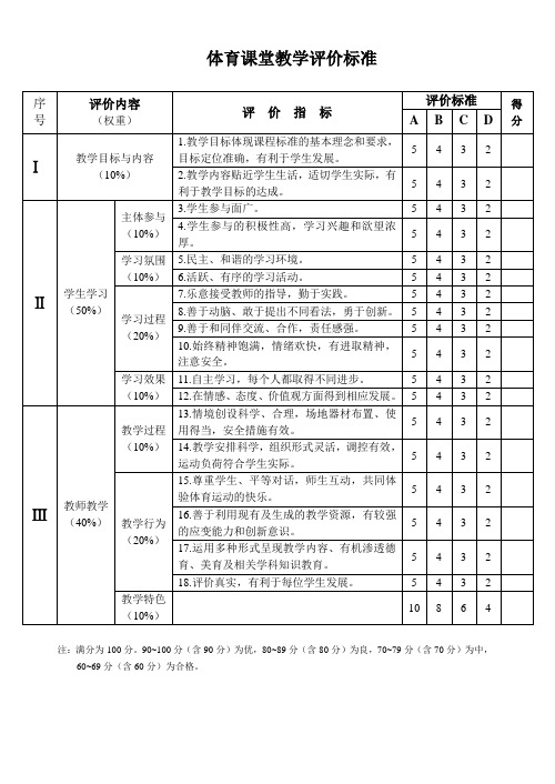 体育课堂教学评价标准