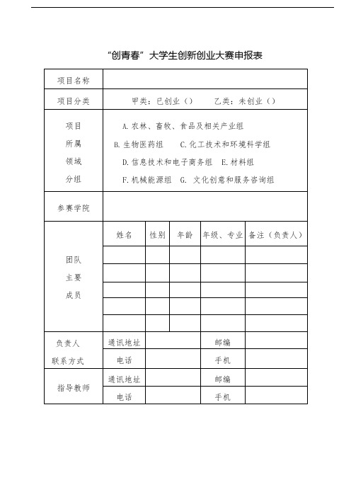 最新“创青春”大学生创新创业大赛申报表模板