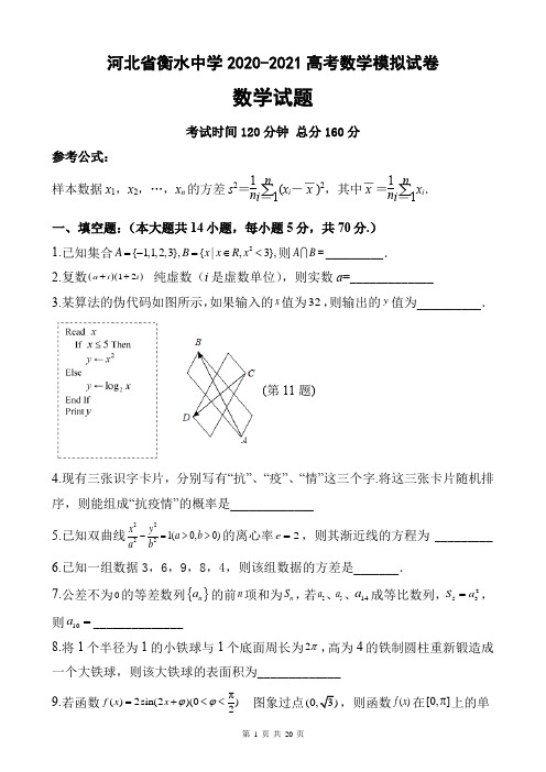 河北省衡水中学2020-2021高考数学模拟试卷及参考答案及评分标准(20页)