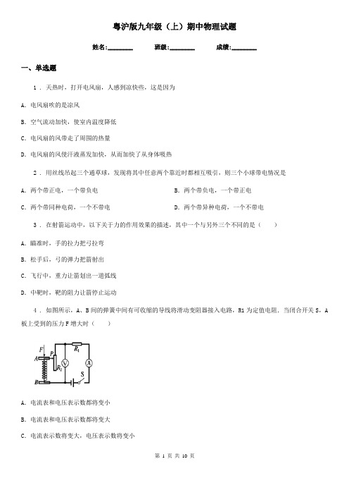 粤沪版九年级(上)期中物理试题新版