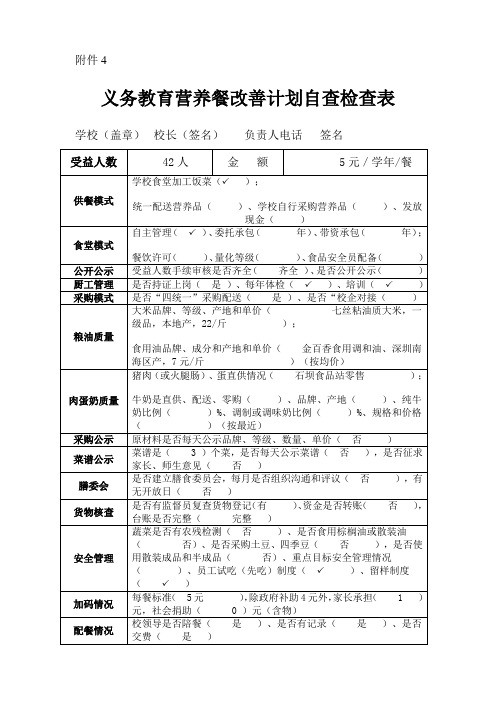 义务教育营养餐改善计划自查检查表