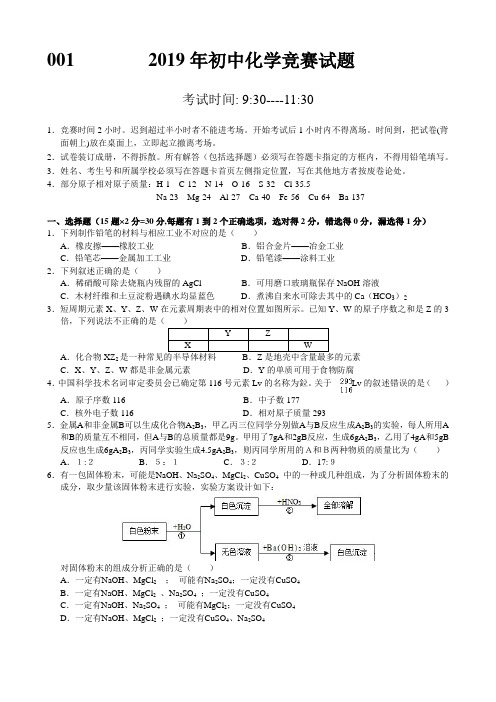 (完整版)2019初中化学竞赛试卷