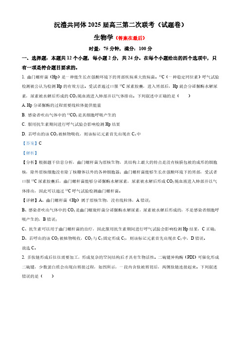 湖南省沅澧共同体2024-2025学年高三上学期第二次联考生物试题含答案