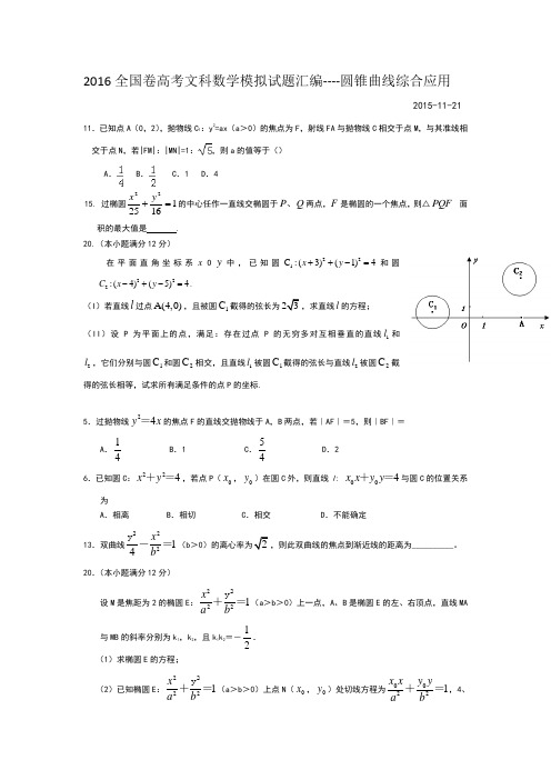 (完整word版)2016全国卷高考文科数学模拟试题汇编圆锥曲线综合应用