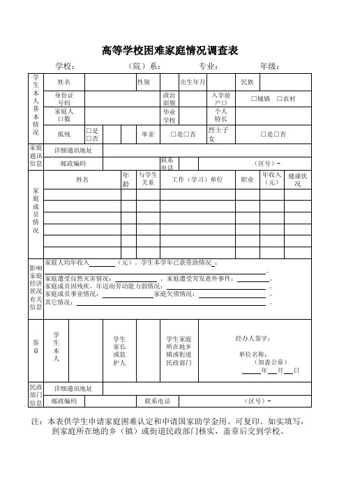 高等学校困难家庭情况调查表