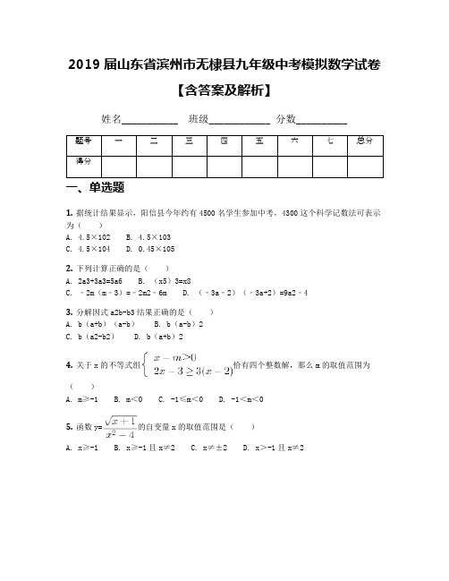 2019届山东省滨州市无棣县九年级中考模拟数学试卷【含答案及解析】