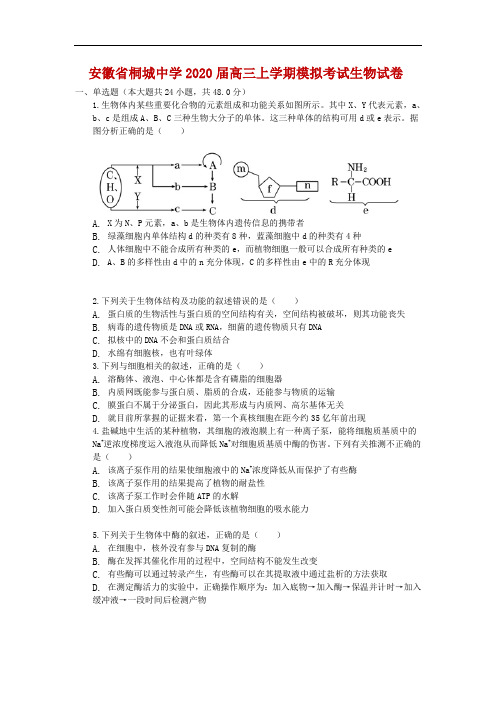 安徽省桐城中学2020届高三上学期模拟考试生物试卷